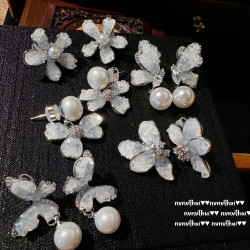 破碎感 水晶蝴蝶珍珠寶石耳環 富家千金 鍍18K金 鳶尾花鋯石耳墜