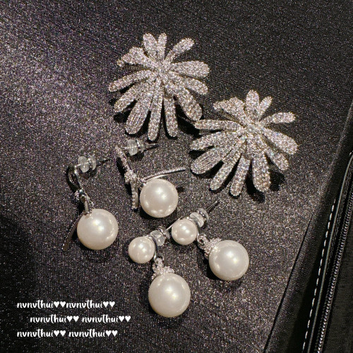 魚姬炫彩 蝴蝶結寶石珍珠耳環 Vintage 鍍18K金 菸花璀璨鋯石耳環