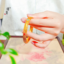 瑾言金店同款沙金花絲皇後鐲錢幣閉口鐲子新中式國風經典輕奢手鐲