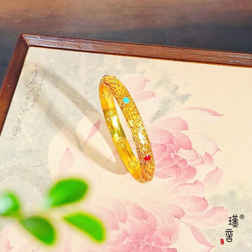 瑾言金店同款沙金花絲皇後鐲錢幣閉口鐲子新中式國風經典輕奢手鐲