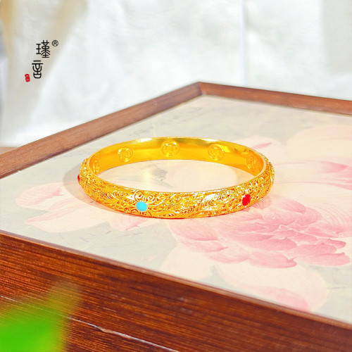瑾言金店同款沙金花絲皇後鐲錢幣閉口鐲子新中式國風經典輕奢手鐲