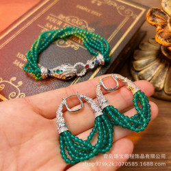 新款時尚祖母綠石頭手工串珠蛇手鏈中古銅鋯石鑲鑽優雅高定耳環