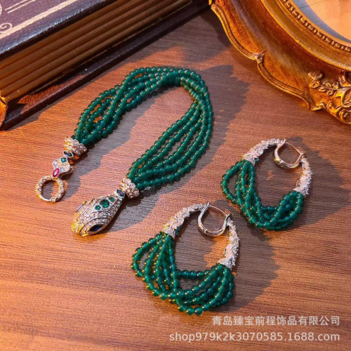新款時尚祖母綠石頭手工串珠蛇手鏈中古銅鋯石鑲鑽優雅高定耳環