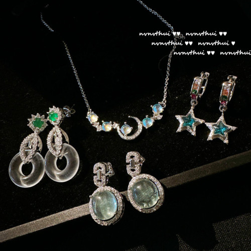 絲珠羅紗蛋麪玉髓寶石耳墜 星河璀璨鍍18K金月光鋯石月亮星星項鏈