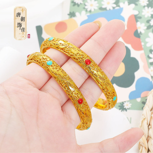 唐朝飾佳古法沙金鏤空花絲皇後鐲錢幣閉口鐲子新中式宮廷風手飾女