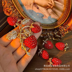 小清新水果草莓耳釘復古琺瑯鑲鑽高級感中古vintage胸針衣服配飾