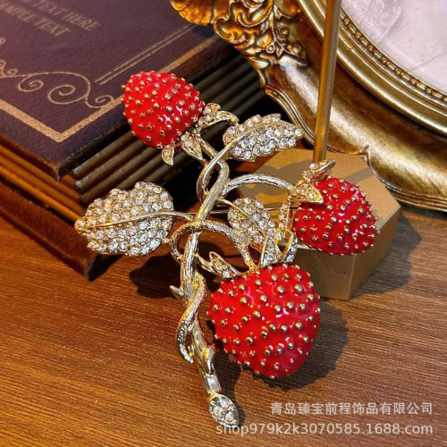 小清新水果草莓耳釘復古琺瑯鑲鑽高級感中古vintage胸針衣服配飾