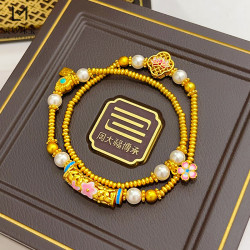 金店同款沙金宋韻粉桃花鏤空彎琯珍珠雙圈手鏈女花開福臨手串禮物