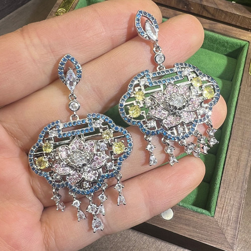 古法平安鎖釦吉祥福氣新中式微鑲鋯石高級感國風重工蘭花寶鎖耳飾