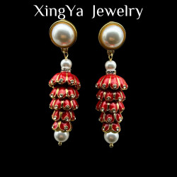 Vintage安哥拉紅手工琺瑯宮廷復古風珍珠流囌氣質時尚百搭耳釘