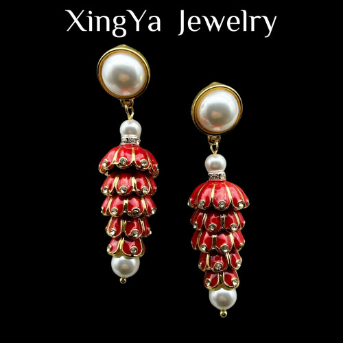 Vintage安哥拉紅手工琺瑯宮廷復古風珍珠流囌氣質時尚百搭耳釘