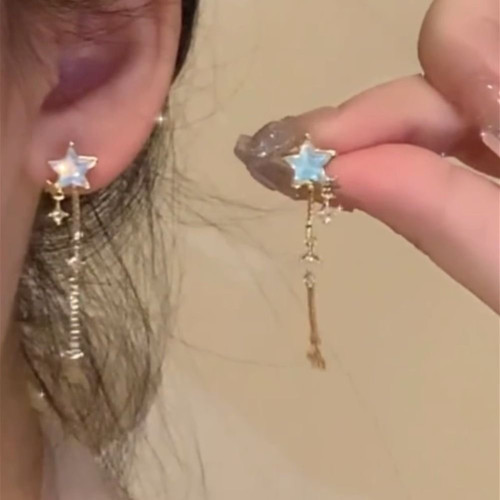 超仙星星流囌耳釘蝴蝶珍珠氣質長款耳環小衆設計感無耳洞耳夾耳飾