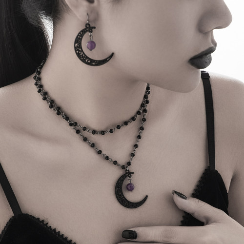 歐美跨境哥特風暗黑月亮吊墜項鏈 水晶滴血珠子鏈條項飾earrings