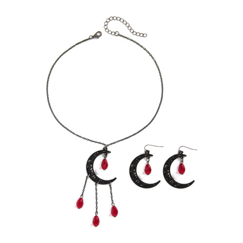 歐美跨境哥特風暗黑月亮吊墜項鏈 水晶滴血珠子鏈條項飾earrings