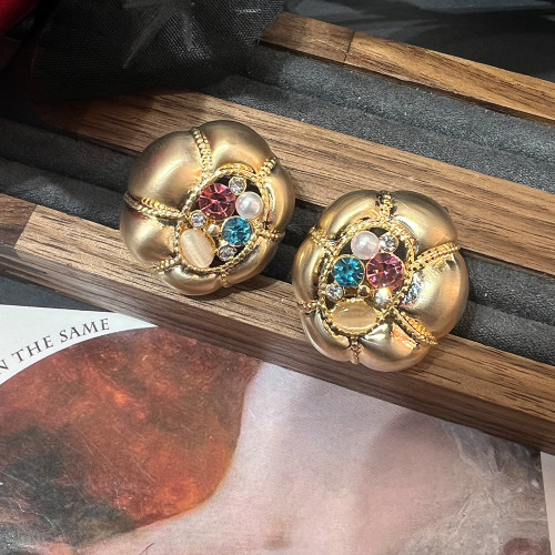18K拉絲鑲賺貓眼石法式百搭高級感耳釘vintage精致輕奢耳環女批發
