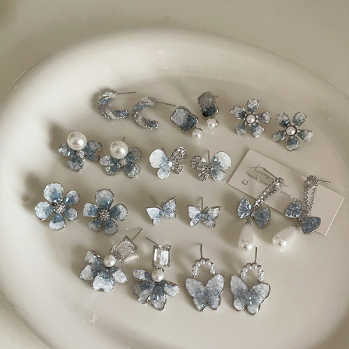 藍色漸變水晶蝴蝶結花朵耳釘女設計感小衆個性百搭氣質耳環耳飾