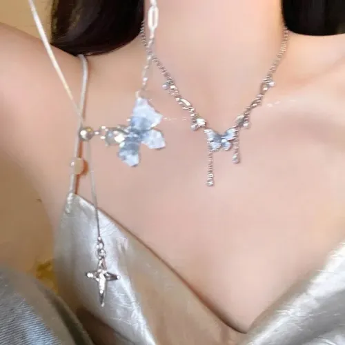 冰晶漸變色珍珠蝴蝶流囌項鏈女夏日精致高級感鎖骨鏈甜酷辣妹頸鏈