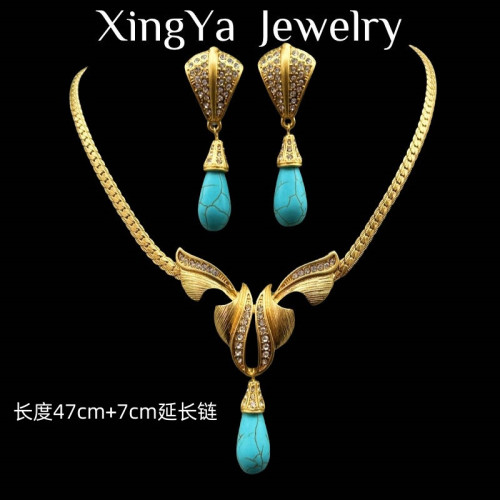 中古Vintage西洋復古滿鑲重工水滴綠松石蝴蝶結鎖骨項鏈耳釘套裝