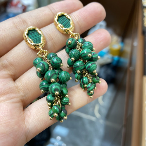 中古vintage綠色孔雀石葡萄串耳墜復古輕奢法式高級感耳環925銀針