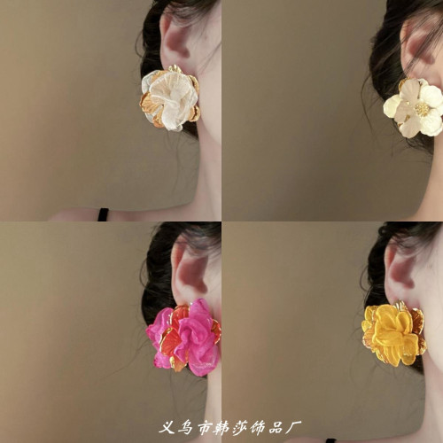 溫柔花事~超仙法式復古雪紡金屬花朵耳環女 輕奢高級小衆設計氣質