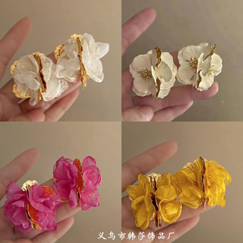 溫柔花事~超仙法式復古雪紡金屬花朵耳環女 輕奢高級小衆設計氣質