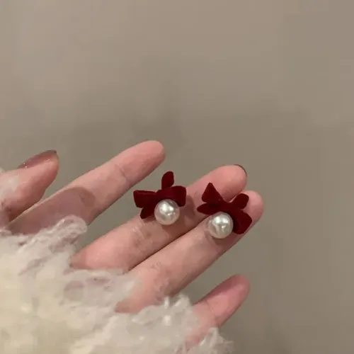 鞦鼕款安可拉紅愛心格子珍珠耳環女輕奢小衆設計高級感耳釘耳飾品