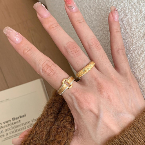 超重工！輕奢vintager中古金色拉絲戒指女新兩件套復古食指戒指環