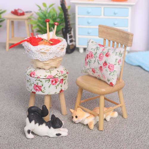 迷你微縮娃娃屋木質小家具玩具小圓凳椅子小貓咪套裝玩具