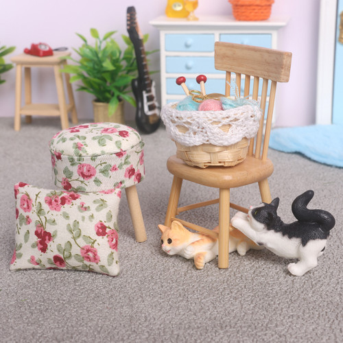 迷你微縮娃娃屋木質小家具玩具小圓凳椅子小貓咪套裝玩具