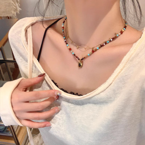 綠松石方糖串珠虎眼石鈦鋼項鏈女高級感輕奢小衆設計感鎖骨鏈頸鏈