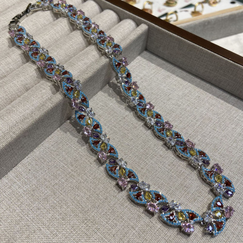 彩寶項鏈飾品古法鍍金手工雕刻彩色寶石滿鑽水滴鋯石精美輕奢項鏈