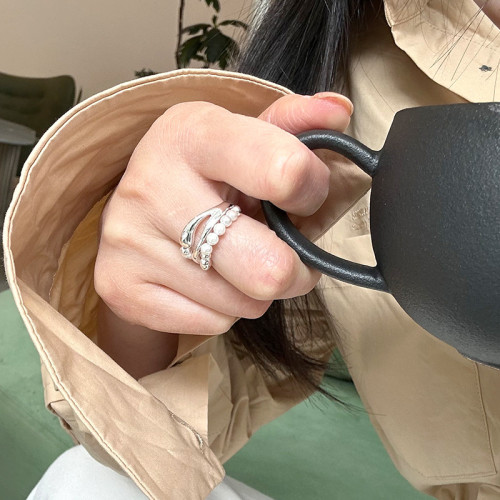 925純銀不規則多層珍珠圓珠戒指女簡約時尚小衆設計開口指環J0441