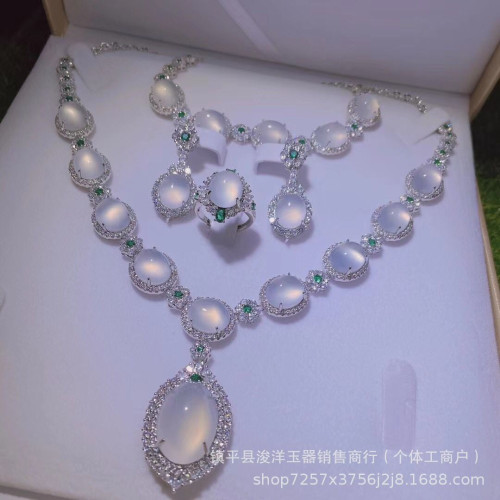 鍍銀鑲嵌冰種白玉髓吊墜豪華款鎖骨項鏈套裝柔粉瑪瑙女款玉石手鏈