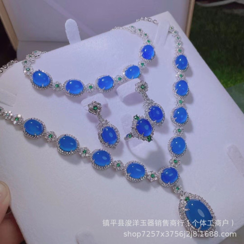 鍍銀鑲嵌冰種白玉髓吊墜豪華款鎖骨項鏈套裝柔粉瑪瑙女款玉石手鏈