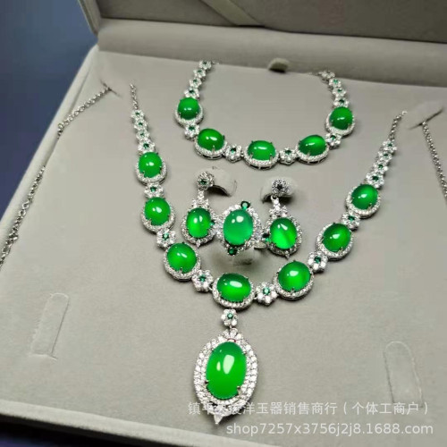 鍍銀鑲嵌冰種白玉髓吊墜豪華款鎖骨項鏈套裝柔粉瑪瑙女款玉石手鏈