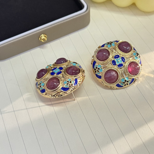 中古素金琺瑯彩耳環 復古宮廷個性誇張滴釉925銀針樹脂耳釘耳飾女