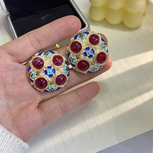 中古素金琺瑯彩耳環 復古宮廷個性誇張滴釉925銀針樹脂耳釘耳飾女