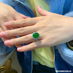 天然緬甸翡翠戒指女蛋麪鑲嵌玉戒指正陽綠滿綠指環戒指可調節蛋麪