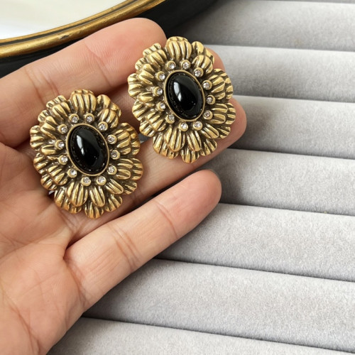 中古Vintage耳釘新中式重工歐美耳環飾品 復古鑲鑽黑色玻璃耳釘