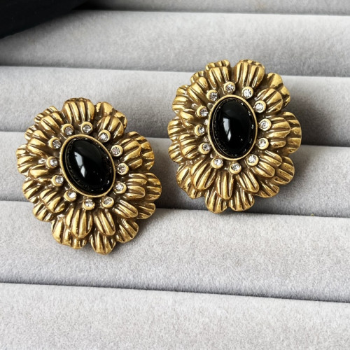 中古Vintage耳釘新中式重工歐美耳環飾品 復古鑲鑽黑色玻璃耳釘