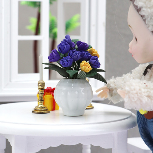 1:12娃娃屋dollhouse迷你家具微縮花園場景紫色花卉粘土花擺件