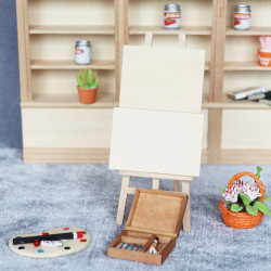 1:12娃娃屋迷你家具畫室微場景擺件木制畫架畫板調色板顔料盒套裝