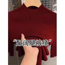 安可拉紅半高領針織打底衫女2025新款秋季穿搭修身內搭五分袖上衣