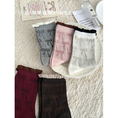 女純棉春鞦可愛蝴蝶結紅襪子