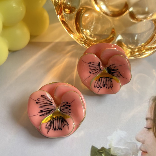 中古素金時尚耳釘復古法式甜美氣質水蜜桃色系滴釉彩會銀針耳環女