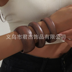 跨境歐美誇張個性復古切麪木質手鐲小衆設計感幾何圓麪寬版手飾女