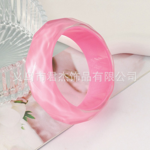 歐美跨境時尚水波紋格子圓形樹脂手鐲個性波浪紋彩色透明閃粉手環