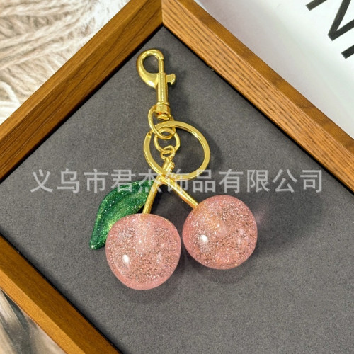 綠葉子粉色櫻桃鈅匙釦飾品包包掛件時尚精美車厘子汽車鈅匙釦掛件