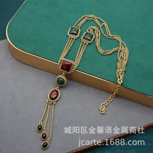 歐美廻流款中古套裝新款復古天然石項鏈耳環長款毛衣鏈幾何小衆