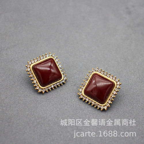 歐美廻流款中古套裝新款復古天然石項鏈耳環長款毛衣鏈幾何小衆